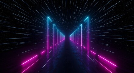 Wall Mural - Neon Warp Speed Tunnel in Deep Space
A vibrant neon-lit warp-speed tunnel spiraling through deep space, featuring glowing blue and purple light streaks and digital star particles, perfect for sci-fi