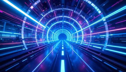 Wall Mural - Neon Warp Speed Tunnel in Deep Space
A vibrant neon-lit warp-speed tunnel spiraling through deep space, featuring glowing blue and purple light streaks and digital star particles, perfect for sci-fi