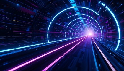 Wall Mural - Neon Warp Speed Tunnel in Deep Space
A vibrant neon-lit warp-speed tunnel spiraling through deep space, featuring glowing blue and purple light streaks and digital star particles, perfect for sci-fi