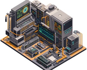 Poster - A detailed isometric illustration of a computer motherboard, showcasing chips, circuits, and connections vital for computing functionality.
