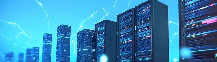 Poster - A modern data center showcasing rows of server racks, symbolizing the backbone of digital infrastructure and data management in today's tech-driven world.