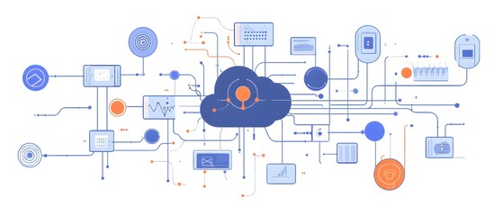Poster - A modern illustration showcasing cloud computing with interconnected devices and digital lines, symbolizing the seamless flow of information and advanced technology integration.