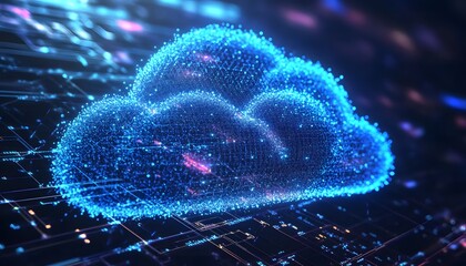 Poster - A stunning representation of a digital cloud symbol made up of glowing blue particles, illustrating the concept of cloud computing and data storage.