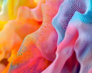 Poster - A vibrant and colorful close-up of textured fabric, showcasing a blend of pink, orange, and blue hues. Perfect for backgrounds, designs, or artistic projects.