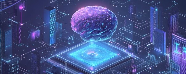 Poster - Futuristic digital brain concept, representing artificial intelligence and advanced technology in a vibrant cybernetic cityscape.