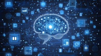 Poster - This illustration depicts a digital brain surrounded by interconnected technology symbols, representing artificial intelligence, data analysis, and modern computing concepts.