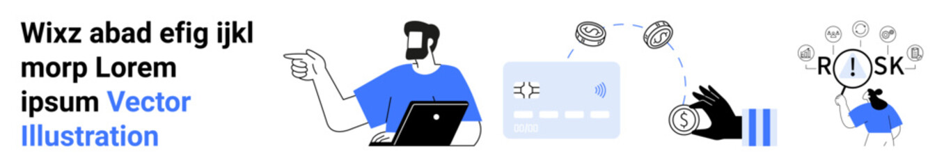 Poster - man gesturing towards digital financial interface. elements include risk assessment, currency exchan