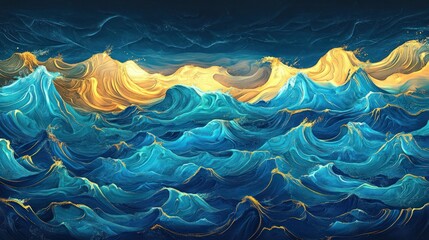 Wall Mural - Beautiful swirling ocean waves of blue and golden colors are displayed
