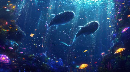 Wall Mural - Two whales gracefully swim through an ocean of sparkling beauty
