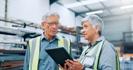 Poster - People, engineer and talking with tablet at factory for planning, supply chain and inventory management. Mature staff, team and digital for manufacturing, logistics feedback and production checklist