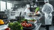 © aulaiphon - A busy restaurant kitchen being thoroughly cleaned, focusing on sanitization of countertops and appliances,