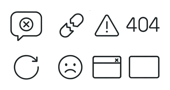 Error and warning outline icons set – linear, alert, tech troubleshooting graphics
