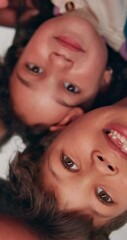 Poster - Happy, low angle and face of children in circle for friendship, community and support. School, kindergarten and portrait of kids for solidarity, connection and development for education together