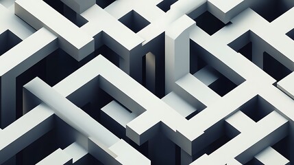 Poster - Abstract 3D rendering of an intricate maze like structure composed of off white and dark gray geometric shapes, creating a complex and visually engaging pattern. The image features a high contrast