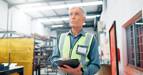 Aufkleber - Man, engineer and thinking with tablet for distribution, manufacturing schedule and problem solving. Mature operator, tech and idea in factory for inspection, industrial plant and automation software