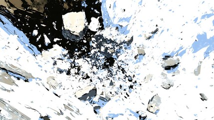 Poster - Abstract image with black, white, and light blue color scheme. The texture is fragmented, resembling shattered ice or a broken surface.  The overall effect is chaotic and dynamic