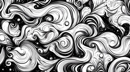 Poster - Abstract black and white illustration featuring swirling patterns and organic shapes. The image showcases a dynamic interplay of lines and curves creating a sense of movement and fluidity. High