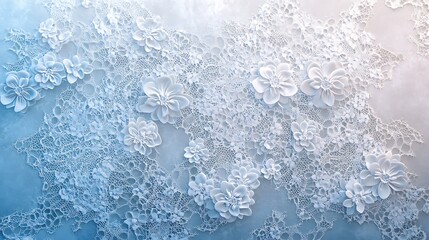 Poster - Abstract image of densely packed, light blue and white flower shapes creating a textured, organic pattern. The color palette is cool and calming, with a gradient from deeper blue to lighter white