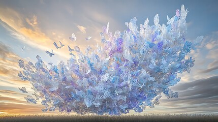 Leinwandbilder - Abstract digital art depicting a large, swirling mass of blue and white shapes resembling butterflies or clouds against a sunset sky over a field. The shapes are translucent, with hints of purple and