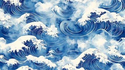 Poster - Abstract watercolor painting of blue waves. The waves are depicted in various shades of blue and white, creating a dynamic and textured effect.  The style evokes a sense of movement and energy