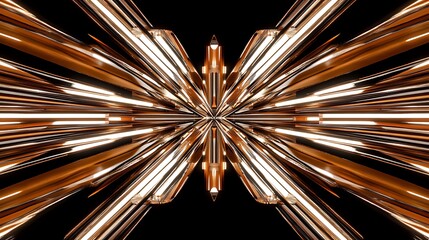 Leinwandbilder - Abstract symmetrical artwork featuring radiating bronze and gold metallic lines against a black background. The image evokes a sense of movement and energy with its sharp lines and contrasting