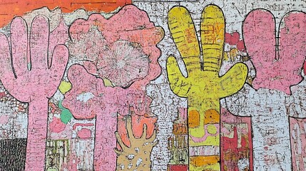 Poster - Abstract collage artwork featuring stylized cacti and floral forms in pink, yellow, and orange hues against a textured white background. The piece showcases a mixed media approach with visible