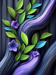 Poster - Abstract image featuring vibrant purple, teal, and green floral elements intertwined with dark gray, wave like abstract forms against a dark wood background. The style is modern and artistic, with a