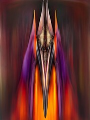 Poster - Abstract image featuring a central, pointed shape reminiscent of a spire or flame, rendered in shades of gold, orange, and purple. The background is dark and textured, creating a dramatic contrast