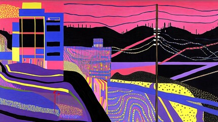 Poster - Abstract landscape painting in vibrant colors, featuring geometric shapes and stylized buildings against a pink and purple sunset sky. The style is reminiscent of pixel art or digital painting. The