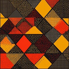 Poster - Abstract geometric pattern with red, yellow, and black shapes on a textured background. The image features triangles, squares, and other geometric forms, creating a vibrant and dynamic composition