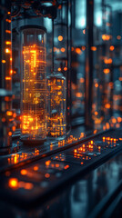 Poster - futuristic glowing digital circuit board with illuminated tubes and orange lights creating high