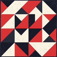 Poster - Abstract geometric pattern featuring red, black, and off white triangles arranged in a grid like formation against a dark speckled background. The design evokes a sense of modern minimalism and