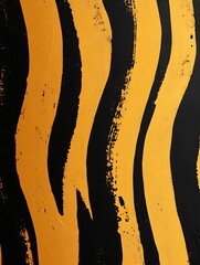 Poster - Abstract image featuring vertical stripes in gold and black. The stripes are irregular and have a textured, hand painted appearance. The background is black, providing a stark contrast to the gold