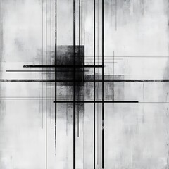 Poster - Abstract grayscale artwork featuring intersecting lines and geometric shapes on a textured background. The image evokes a sense of structure and controlled chaos. Predominantly black and white with