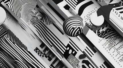 Poster - Abstract grayscale illustration featuring dynamic, intersecting lines and geometric shapes. Black and white striped spheres and patterns create a sense of depth and movement against a complex