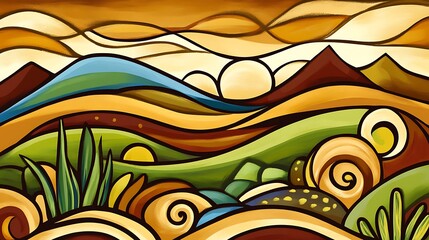 Poster - Abstract landscape painting featuring stylized hills, mountains, and vegetation in warm earth tones of brown, gold, green, and blue. The style is reminiscent of folk art or naive painting with