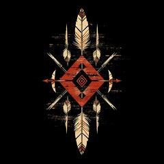 Poster - Abstract geometric design featuring a central red diamond shape, surrounded by stylized feathers and arrows. The color palette is primarily red, beige, and black, with a grunge or distressed texture