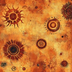 Poster - Abstract art featuring various sun like symbols in shades of orange and brown on a textured background. The artwork evokes a sense of ancient or prehistoric art.  The symbols are rendered in a hand