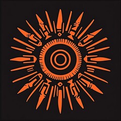 Poster - Abstract orange sunburst design on black background. Geometric shapes create a stylized solar pattern.  The central circle features concentric rings, radiating outward to sharp points.  Minimalist