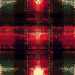 Poster - Abstract red and black plaid pattern with pixelated texture. Warm and dark tones create a visually textured surface.  Digital art design featuring intersecting lines and blocks of color