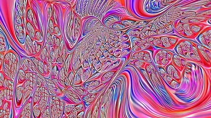 Poster - Abstract image with swirling patterns in shades of pink, red, blue, and white. The texture is dense and intricate, resembling a complex network or a flowing organic form. The colors are vibrant and