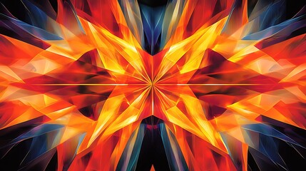 Poster - Abstract symmetrical artwork featuring vibrant orange, red, and blue hues. Geometric shapes create a radiating, starburst pattern against a dark background.  The image has a high degree of detail and