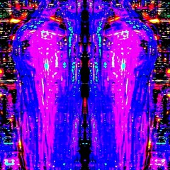 Poster - Abstract digital artwork featuring vibrant purple, blue, and teal colors. The image displays a symmetrical pattern with a central vertical axis. Glitch like effects and pixelated textures create a