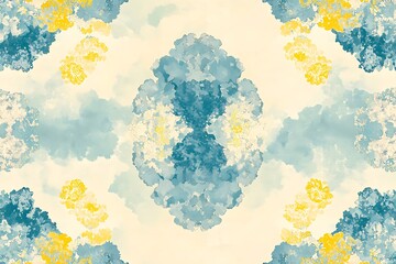 Poster - Abstract watercolor painting with teal, blue, and yellow floral motifs on a cream background. The design is symmetrical and features soft, cloud like shapes