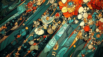 Poster - Abstract art painting with teal, orange, and cream colors. The image features a dynamic composition of brushstrokes and textures, creating a vibrant and energetic visual effect. The colors are bold