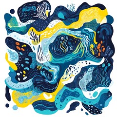 Poster - Abstract underwater scene with swirling blue, teal, and yellow shapes. Organic forms suggest coral, seaweed, and marine life.  The artwork is pixelated, giving a textured feel. The color palette is