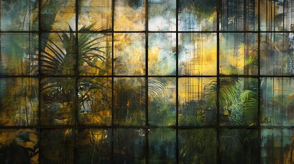 Poster - Abstract image of a tropical scene viewed through a grid of glass panels. Warm yellow and gold tones dominate, contrasted by cool greens and blues. The image has a slightly blurred and textured
