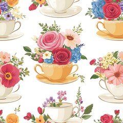Poster - Seamless pattern featuring colorful floral arrangements in vintage teacups on a white background. The design showcases various flowers, including roses, hydrangeas, and other blossoms, in a cheerful