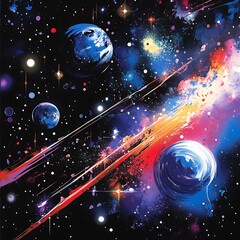Leinwandbilder - Vibrant cosmic artwork depicting planets, nebulae, and streaks of light against a dark background. The image features a dynamic composition with various celestial bodies and vibrant color palettes of