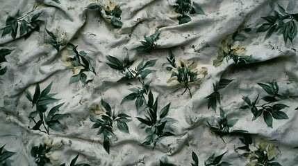 Poster - Close up view of crumpled fabric with a botanical print. The fabric is predominantly off white or beige, with a pattern of dark green leaves and muted yellow floral accents. The texture is heavily